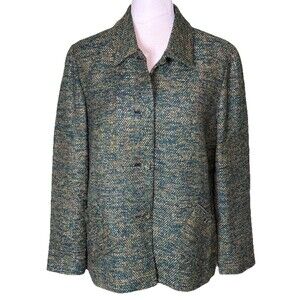 Women’s Blue Silk Blend Tailored Tweed Jacket Classic Professional Office Size M